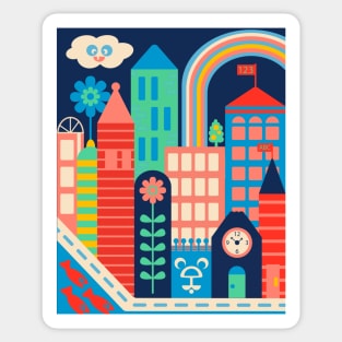 CITY KIDS Cityscape Cute Kawaii Cloud Buildings Rainbow Flower and Hidden Bear Face - UnBlink Studio by Jackie Tahara Sticker